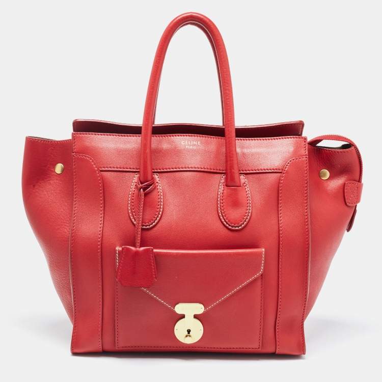 Celine Red Pebbled Leather Nano Luggage Tote Bag