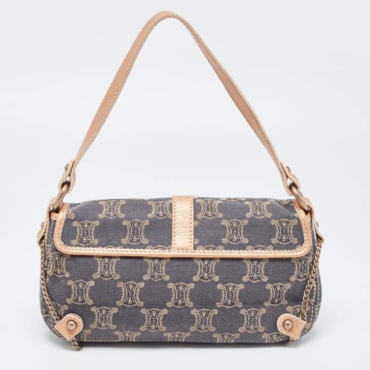 Pre Owned Celine Rose Gold/Blue Macadam Denim and Leather Buckle Flap Hobo