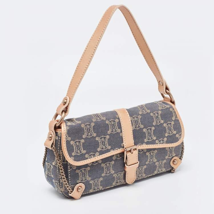 Pre Owned Celine Rose Gold/Blue Macadam Denim and Leather Buckle Flap Hobo