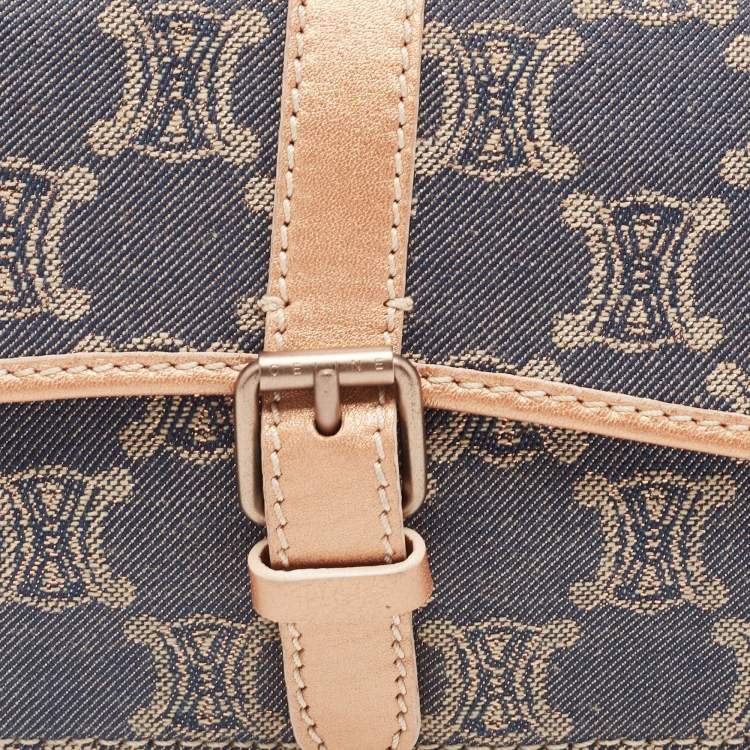 Pre Owned Celine Rose Gold/Blue Macadam Denim and Leather Buckle Flap Hobo