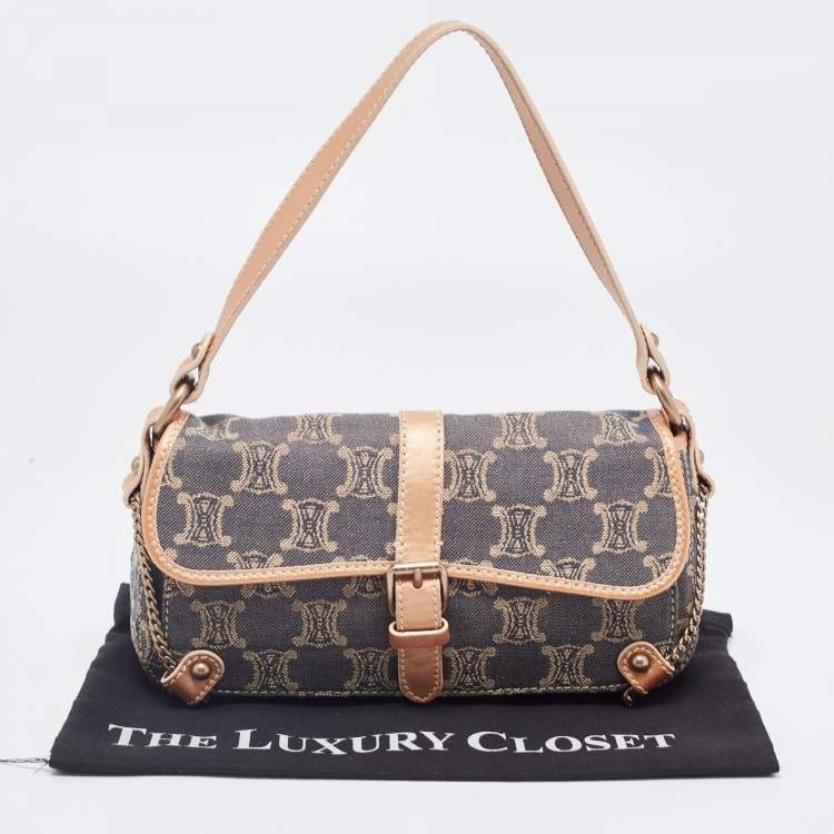 Pre Owned Celine Rose Gold/Blue Macadam Denim and Leather Buckle Flap Hobo