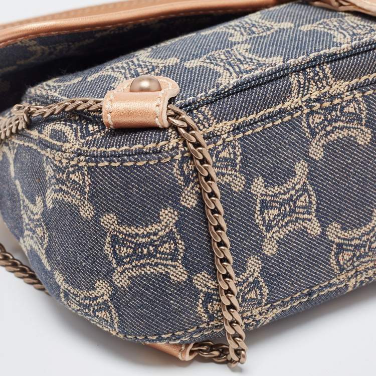 Pre Owned Celine Rose Gold/Blue Macadam Denim and Leather Buckle Flap Hobo