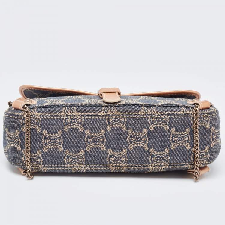 Pre Owned Celine Rose Gold/Blue Macadam Denim and Leather Buckle Flap Hobo