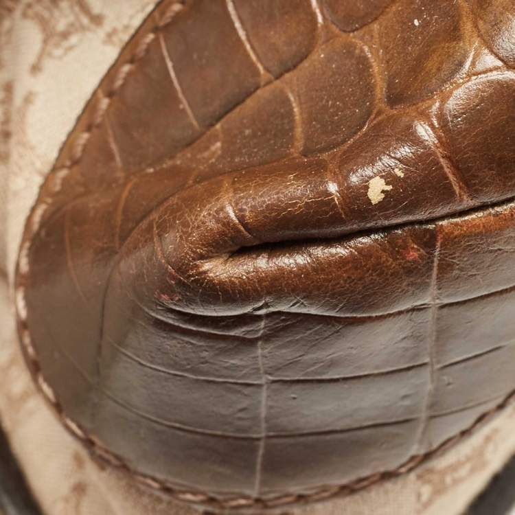 Pre Owned Celine Beige/Brown Macadam Canvas And Croc Embossed Tote 