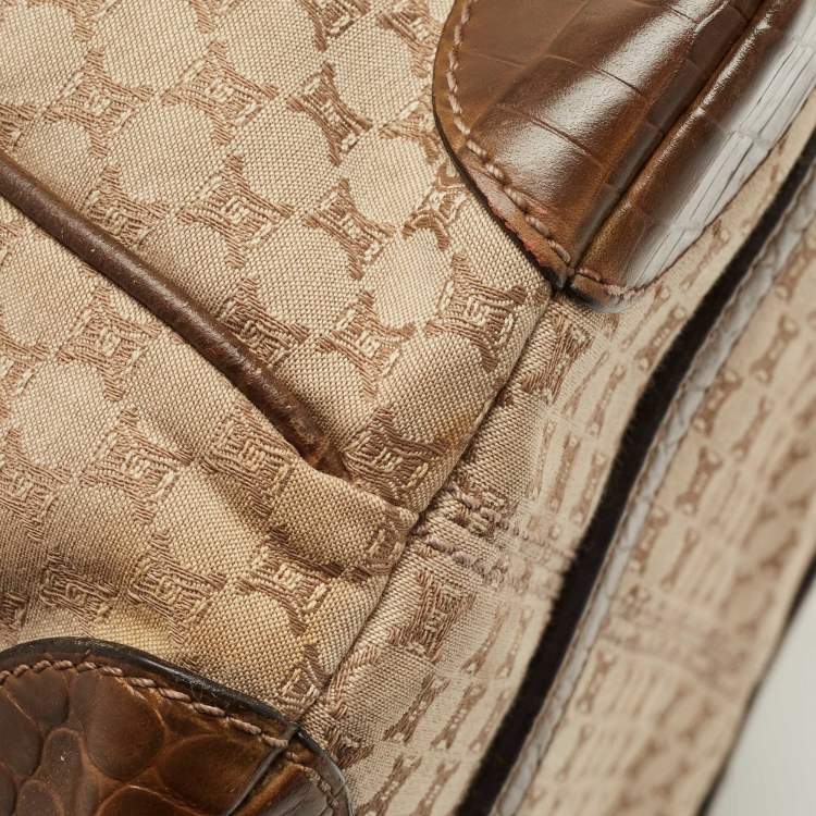 Pre Owned Celine Beige/Brown Macadam Canvas And Croc Embossed Tote 