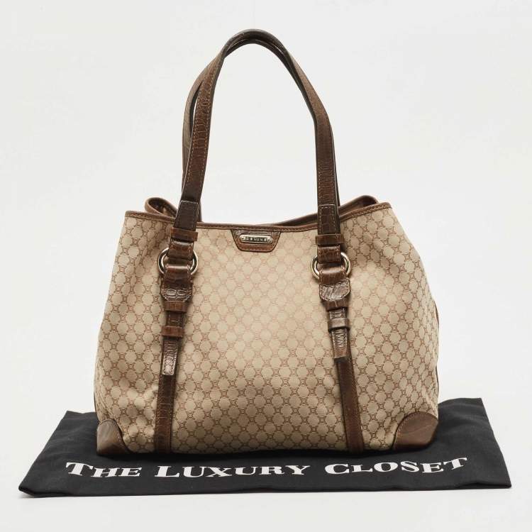Pre Owned Celine Beige/Brown Macadam Canvas And Croc Embossed Tote 