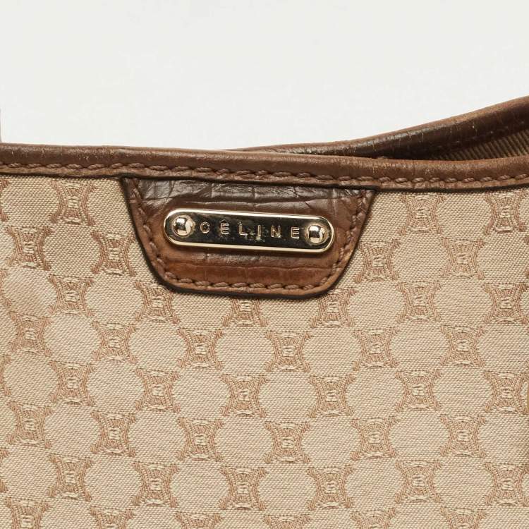 Pre Owned Celine Beige/Brown Macadam Canvas And Croc Embossed Tote 