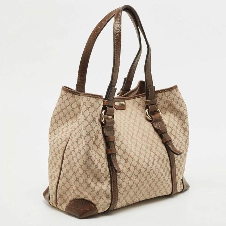 Pre Owned Celine Beige/Brown Macadam Canvas And Croc Embossed Tote 