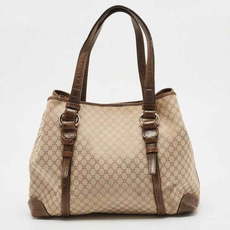 Pre Owned Celine Beige/Brown Macadam Canvas And Croc Embossed Tote 