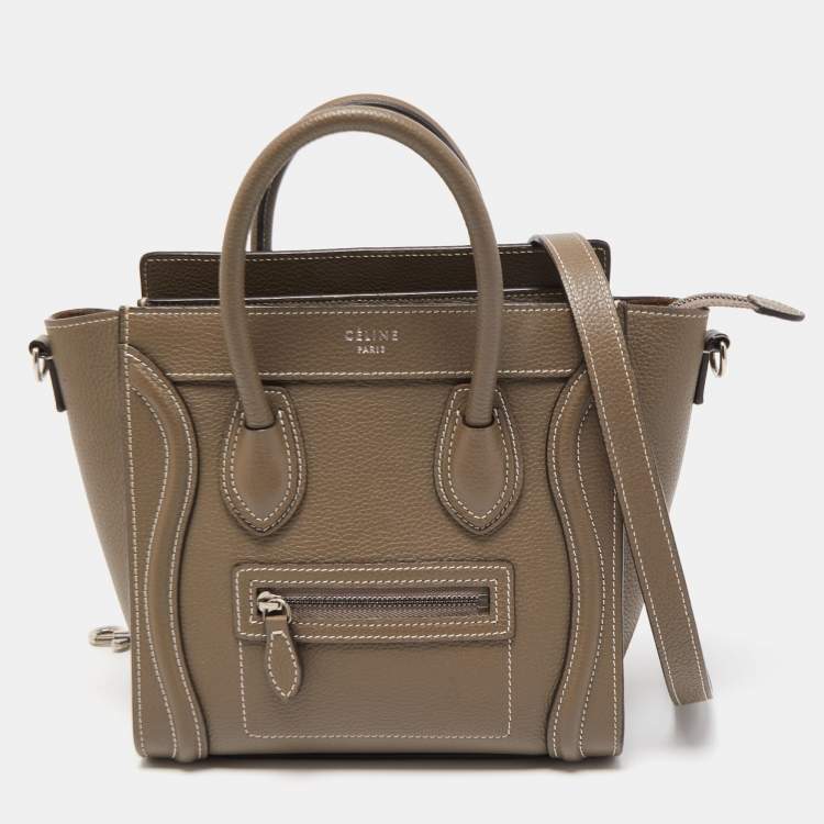 Pre Owned Celine Khaki Leather Nano Luggage Tote