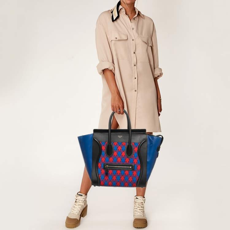 Pre Owned Celine Tricolor Leather and Jacquard Fabric Mini Luggage Tote
