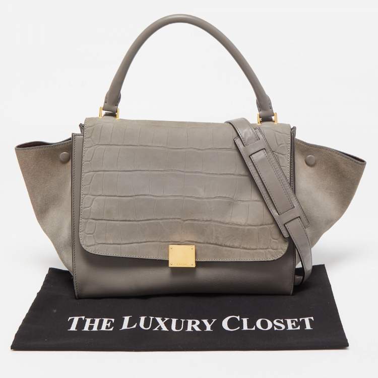Pre Owned Celine Two Tone Grey Croc Embossed Leather and Suede Medium Trapeze Top Handle Bag