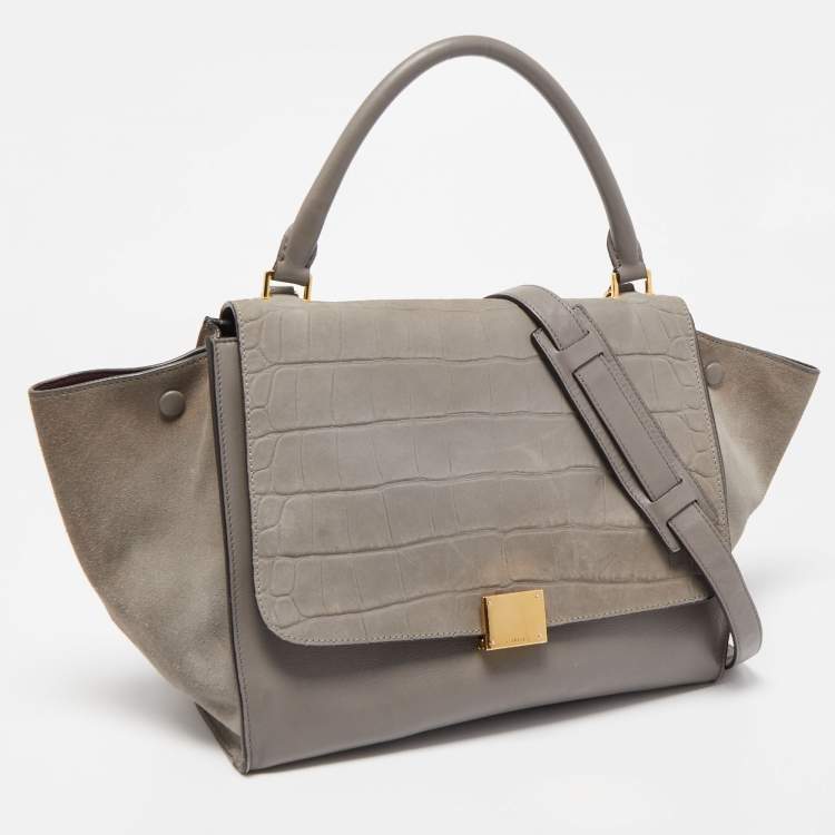 Pre Owned Celine Two Tone Grey Croc Embossed Leather and Suede Medium Trapeze Top Handle Bag