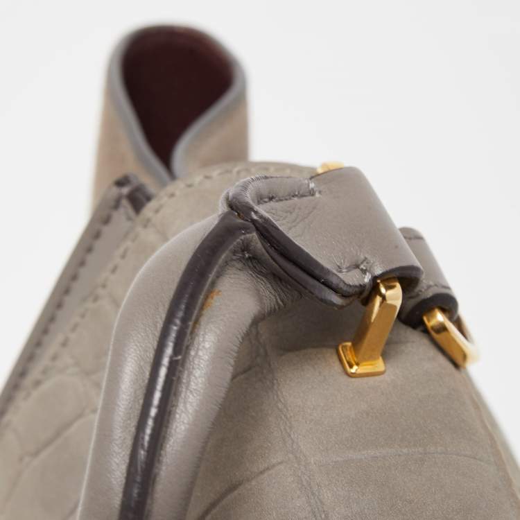 Pre Owned Celine Two Tone Grey Croc Embossed Leather and Suede Medium Trapeze Top Handle Bag