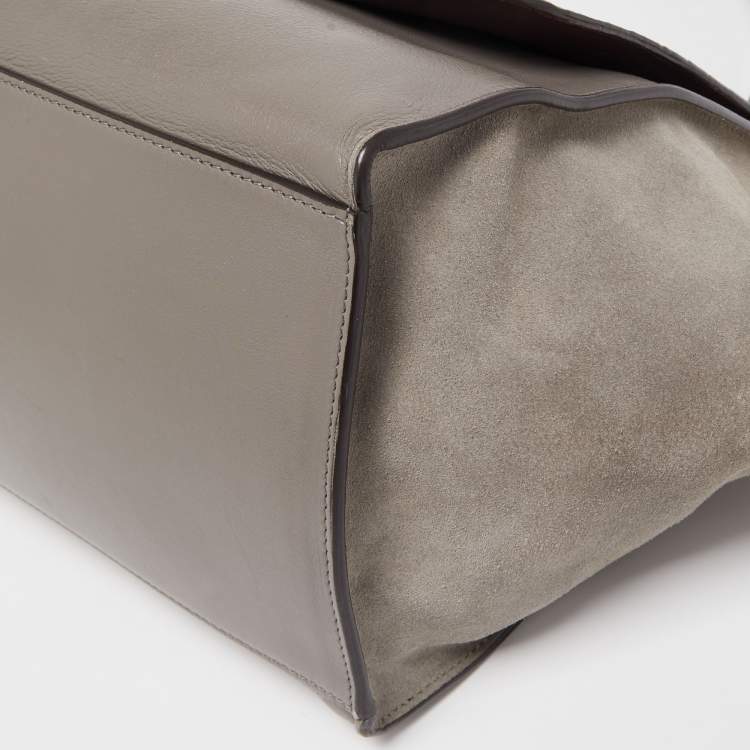 Pre Owned Celine Two Tone Grey Croc Embossed Leather and Suede Medium Trapeze Top Handle Bag