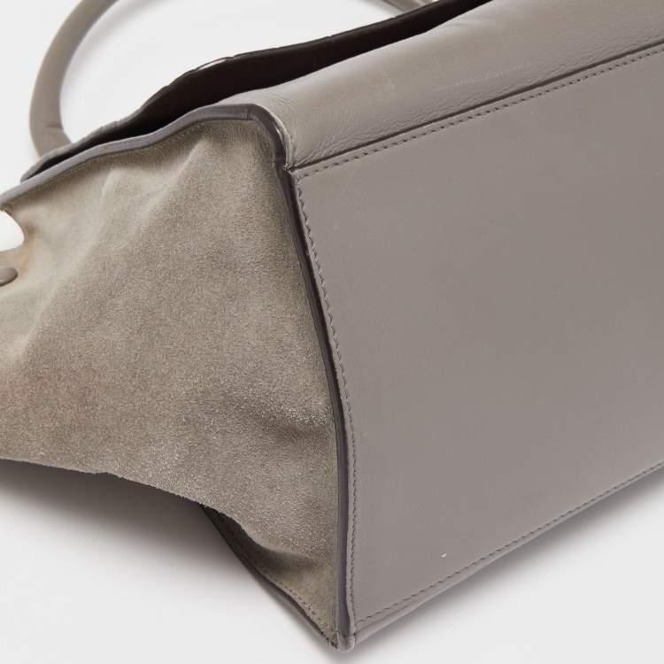 Pre Owned Celine Two Tone Grey Croc Embossed Leather and Suede Medium Trapeze Top Handle Bag