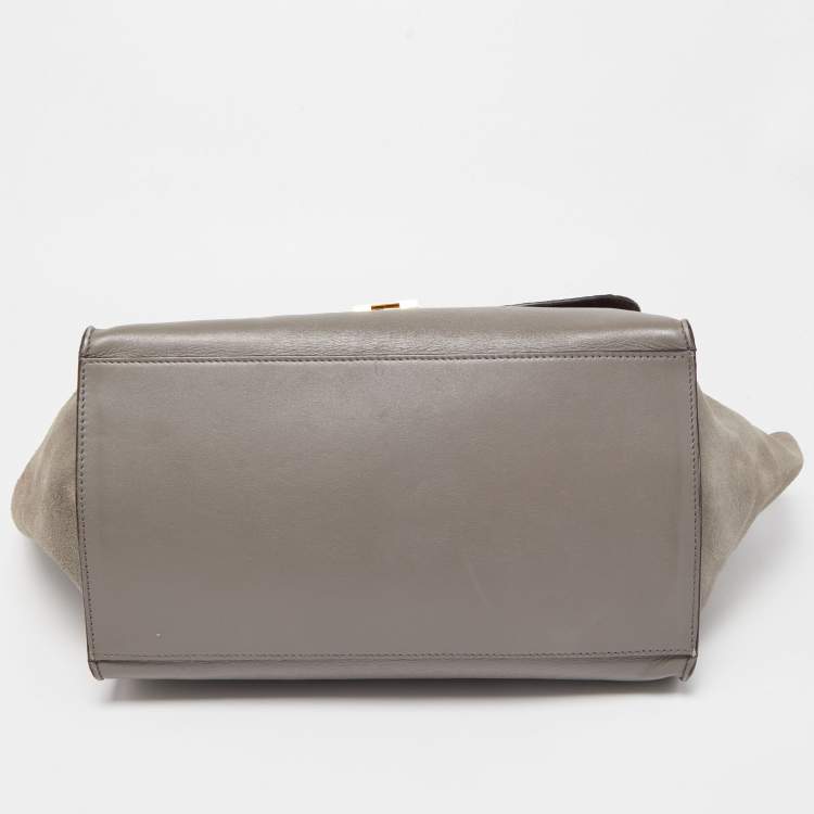 Pre Owned Celine Two Tone Grey Croc Embossed Leather and Suede Medium Trapeze Top Handle Bag