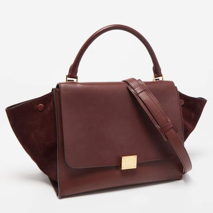 Pre Owned Celine Dark Red Leather and Suede Medium Trapeze Top Handle Bag