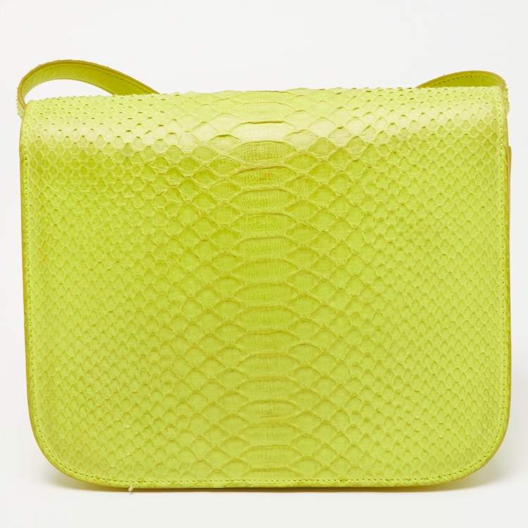 Pre Owned Celine Neon Green Python Medium Classic Box Shoulder Bag