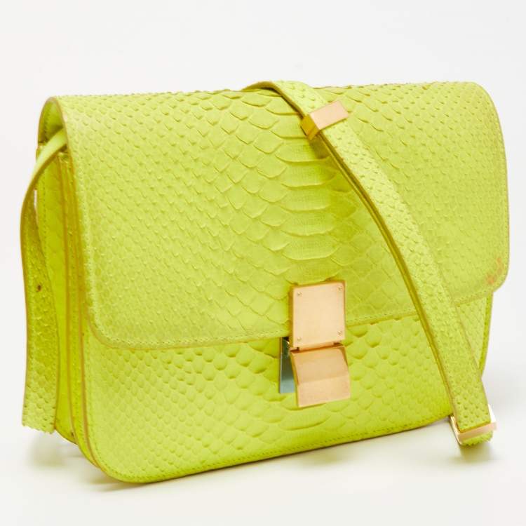 Pre Owned Celine Neon Green Python Medium Classic Box Shoulder Bag
