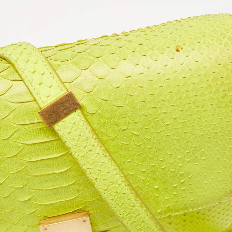Pre Owned Celine Neon Green Python Medium Classic Box Shoulder Bag