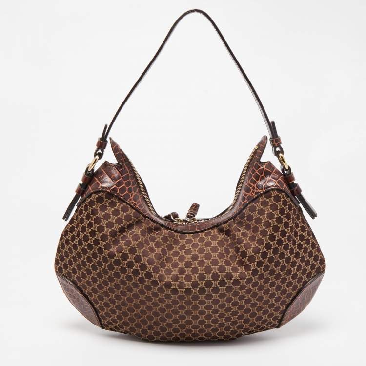 Pre Owned Celine Brown Macadam Fabric and Croc Embossed Leather Zip Hobo