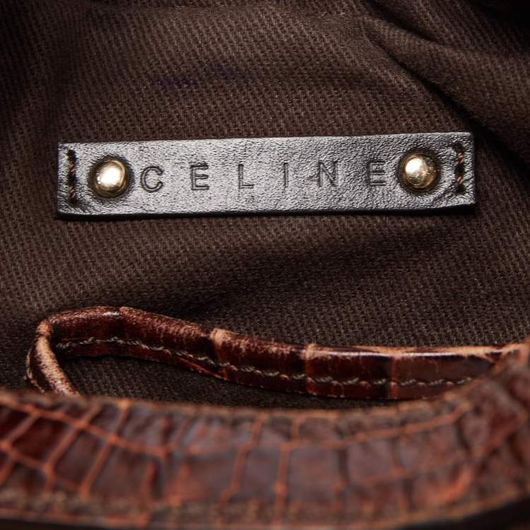 Pre Owned Celine Brown Macadam Fabric and Croc Embossed Leather Zip Hobo