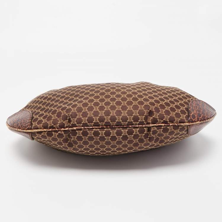 Pre Owned Celine Brown Macadam Fabric and Croc Embossed Leather Zip Hobo