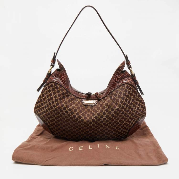 Pre Owned Celine Brown Macadam Fabric and Croc Embossed Leather Zip Hobo