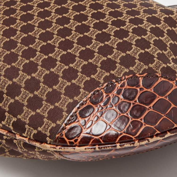 Pre Owned Celine Brown Macadam Fabric and Croc Embossed Leather Zip Hobo