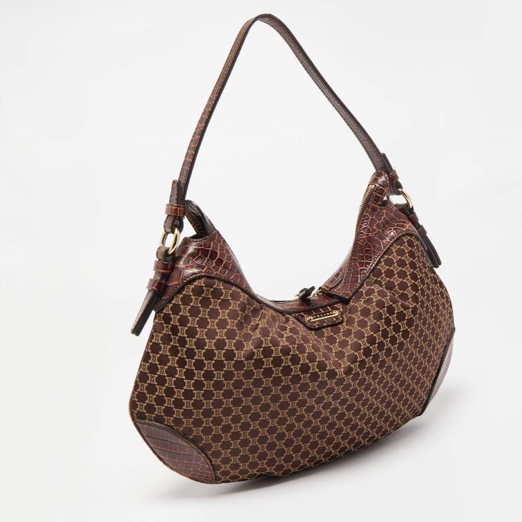 Pre Owned Celine Brown Macadam Fabric and Croc Embossed Leather Zip Hobo