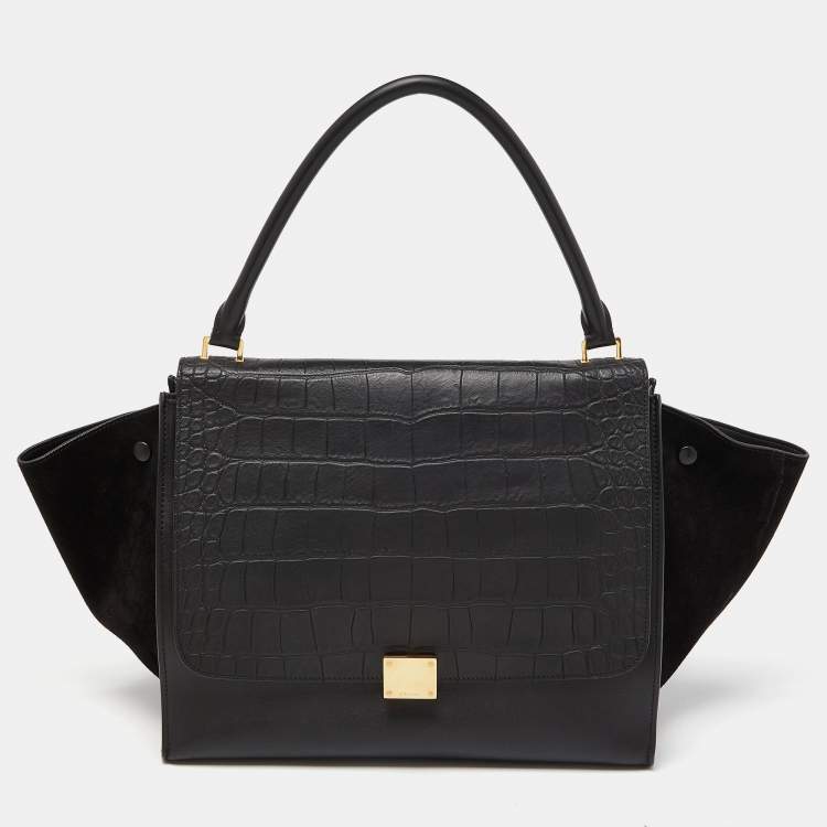 Pre Owned Celine Black Leather,Croc Embossed and Suede Large Trapeze Bag