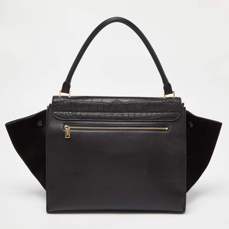 Pre Owned Celine Black Leather,Croc Embossed and Suede Large Trapeze Bag