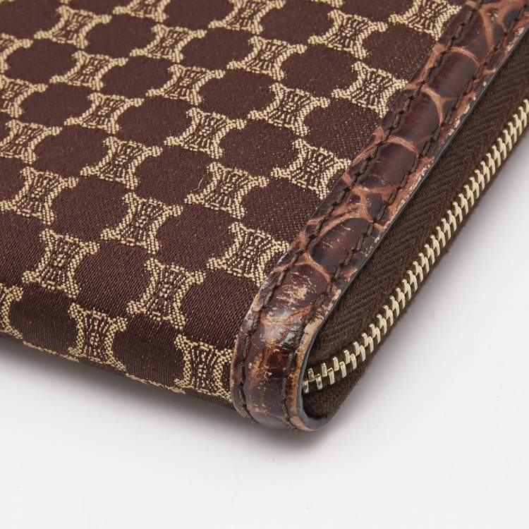 Pre Owned Celine Brown Macadam Canvas and Croc Embossed Leather Zip Around Continental Wallet