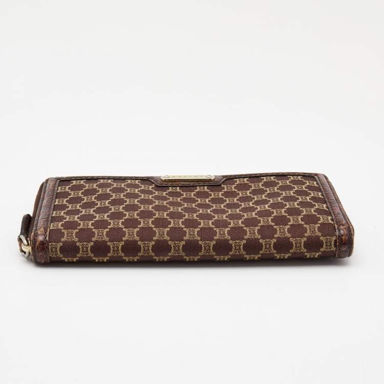 Pre Owned Celine Brown Macadam Canvas and Croc Embossed Leather Zip Around Continental Wallet