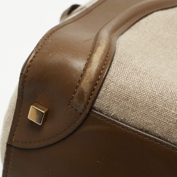 Pre Owned Celine brown/Beige Leather and Canvas Mini Luggage Tote