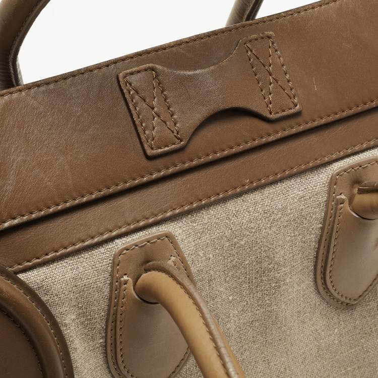 Pre Owned Celine brown/Beige Leather and Canvas Mini Luggage Tote