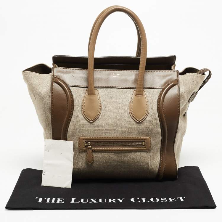 Pre Owned Celine brown/Beige Leather and Canvas Mini Luggage Tote