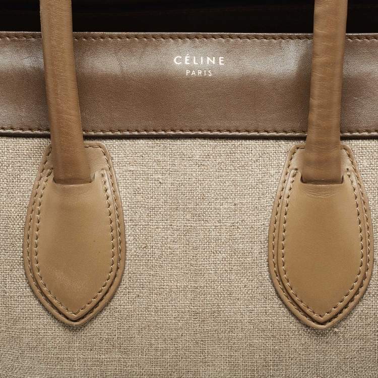 Pre Owned Celine brown/Beige Leather and Canvas Mini Luggage Tote