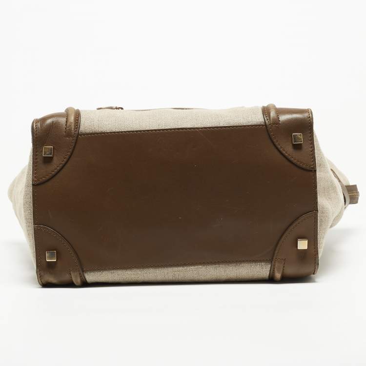 Pre Owned Celine brown/Beige Leather and Canvas Mini Luggage Tote