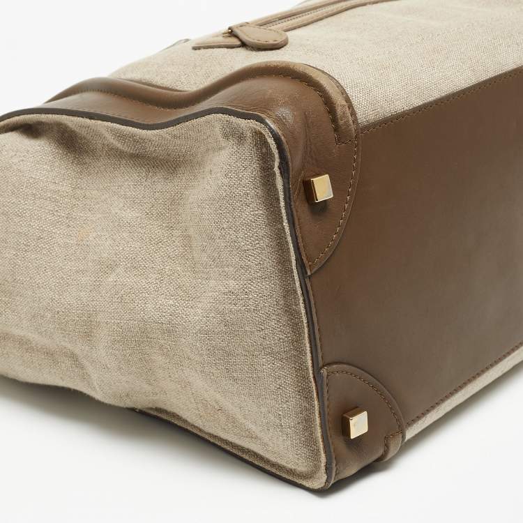 Pre Owned Celine brown/Beige Leather and Canvas Mini Luggage Tote
