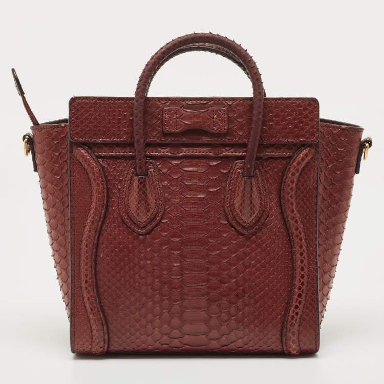 Pre Owned Celine Dark Burgundy Python Nano Luggage Tote