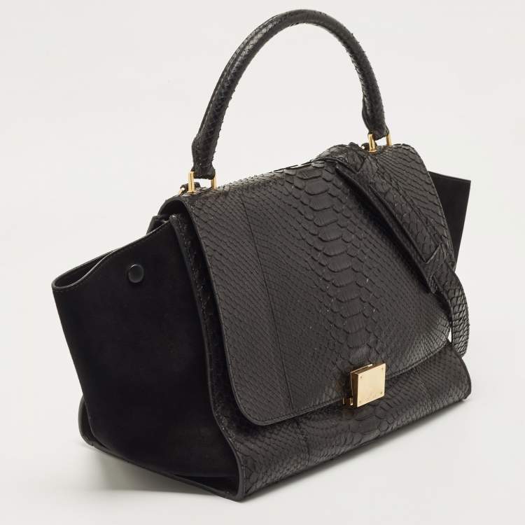 Pre Owned Celine Black Python and Suede Medium Trapeze Top Handle Bag
