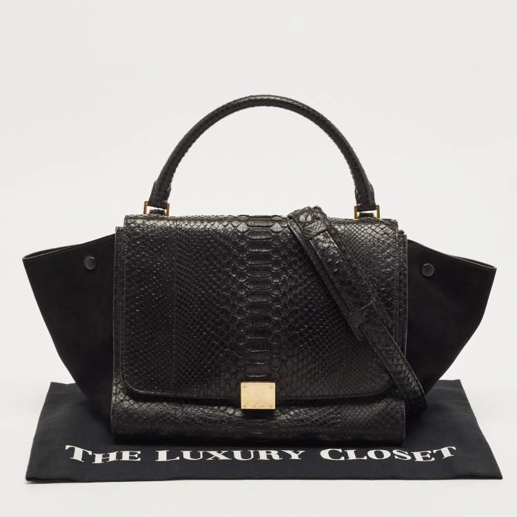 Pre Owned Celine Black Python and Suede Medium Trapeze Top Handle Bag