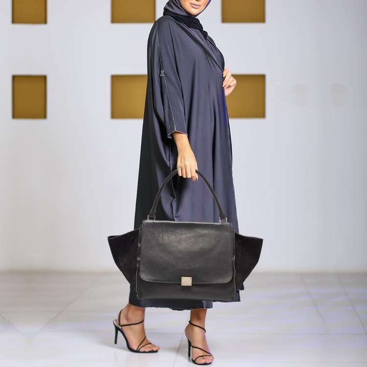 Pre Owned Celine Black Leather and Suede Large Trapeze Top Handle Bag