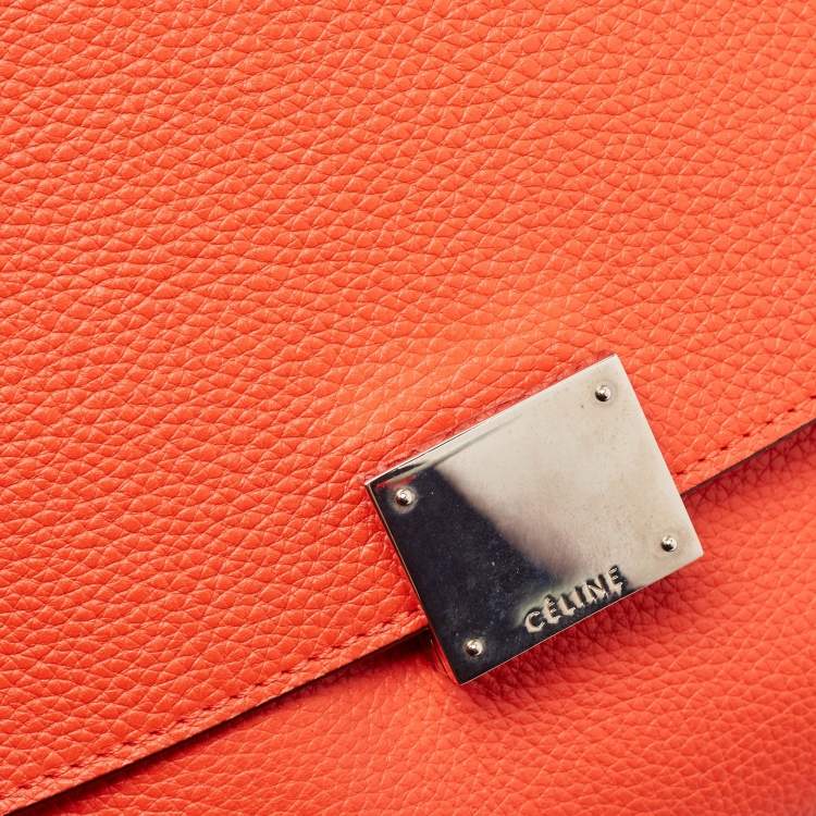 Pre Owned Celine Coral Red Leather and Suede Medium Trapeze Top Handle Bag