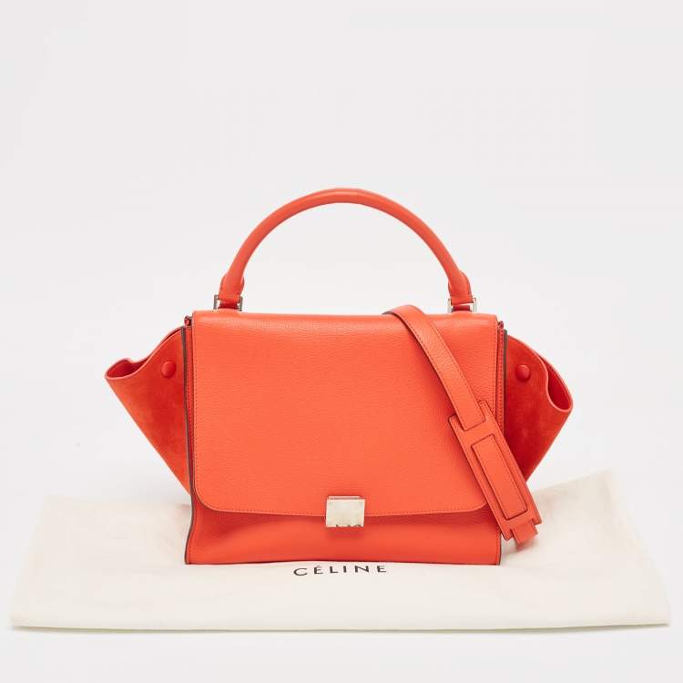 Pre Owned Celine Coral Red Leather and Suede Medium Trapeze Top Handle Bag