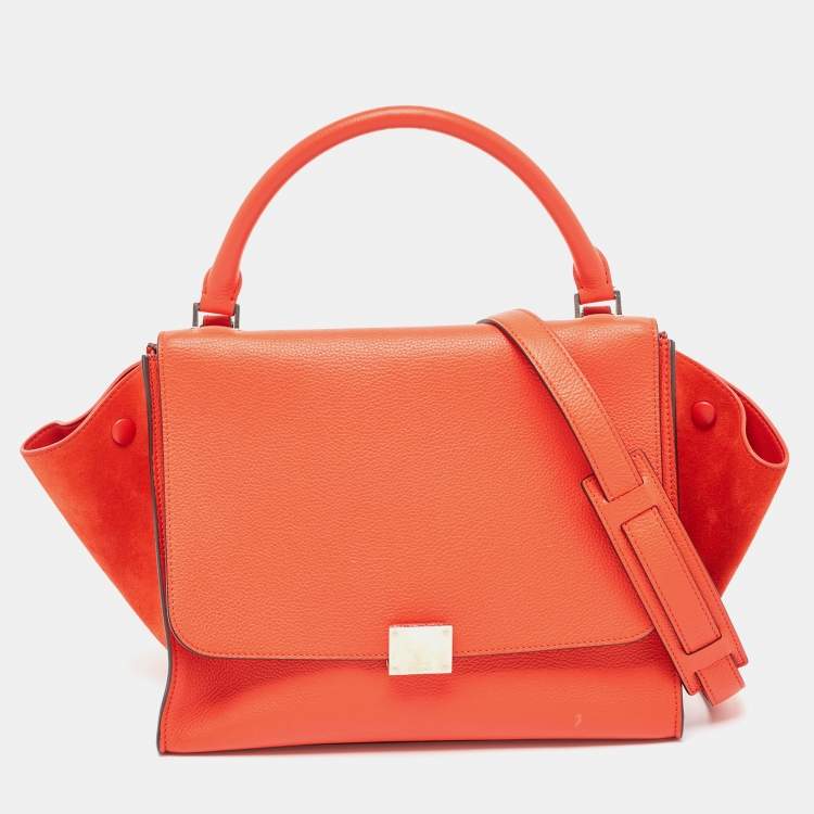 Pre Owned Celine Coral Red Leather and Suede Medium Trapeze Top Handle Bag