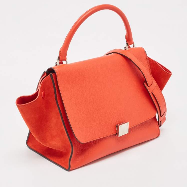 Pre Owned Celine Coral Red Leather and Suede Medium Trapeze Top Handle Bag