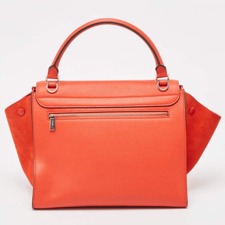Pre Owned Celine Coral Red Leather and Suede Medium Trapeze Top Handle Bag